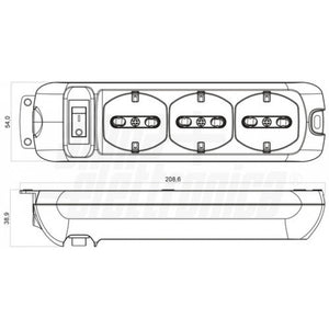 Disegno tecnico ciabatta multipresa 3 prese
