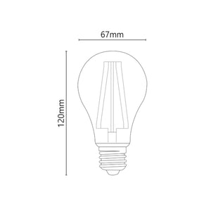 Dettaglio misure lampadina filamenti LED ad alta efficienza per illuminazione a 320 gradi.