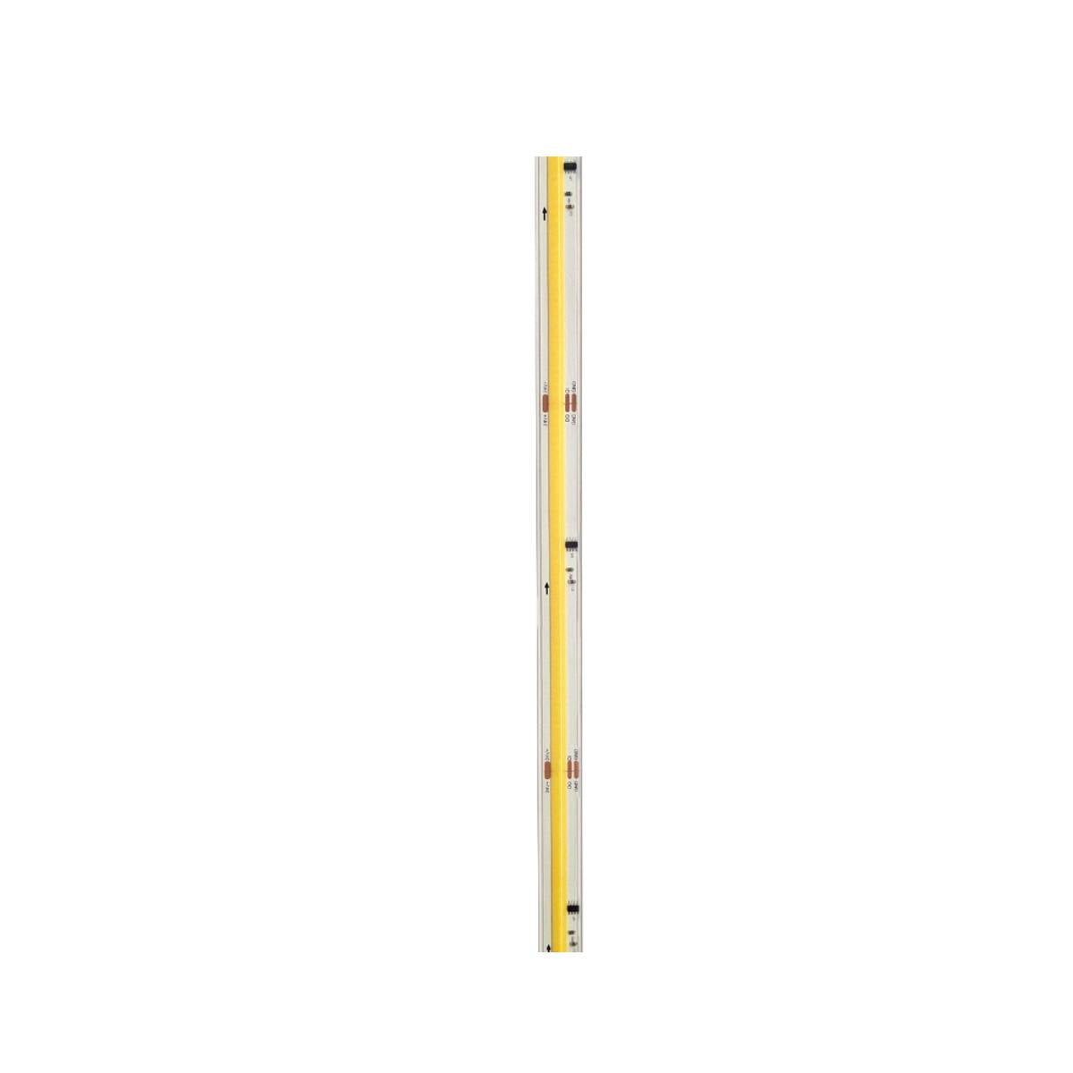 Dettaglio tecnico della strip led digitale COB 24V con guaina IP67 e pad di connessione in rame visibili.