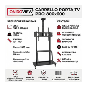 Carrello Porta TV con Ruote 40-100 Pollici VESA 800x600 120 Kg con Ripiani