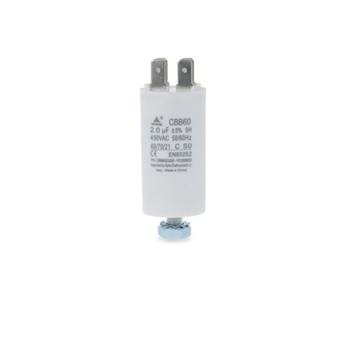 Condensatore CBB60 2 µF 450V Faston 6,3 mm — Polipropilene per motori