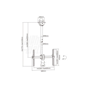 Supporto TV a soffitto - disegno tecnico con dimensioni