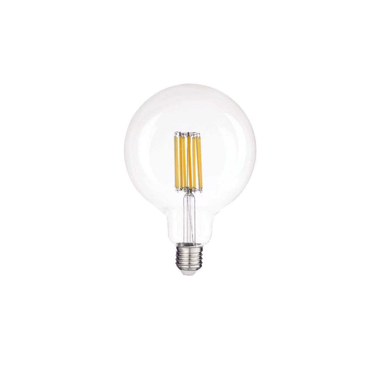 Dettaglio filamenti LED e attacco E27 lampada globo.