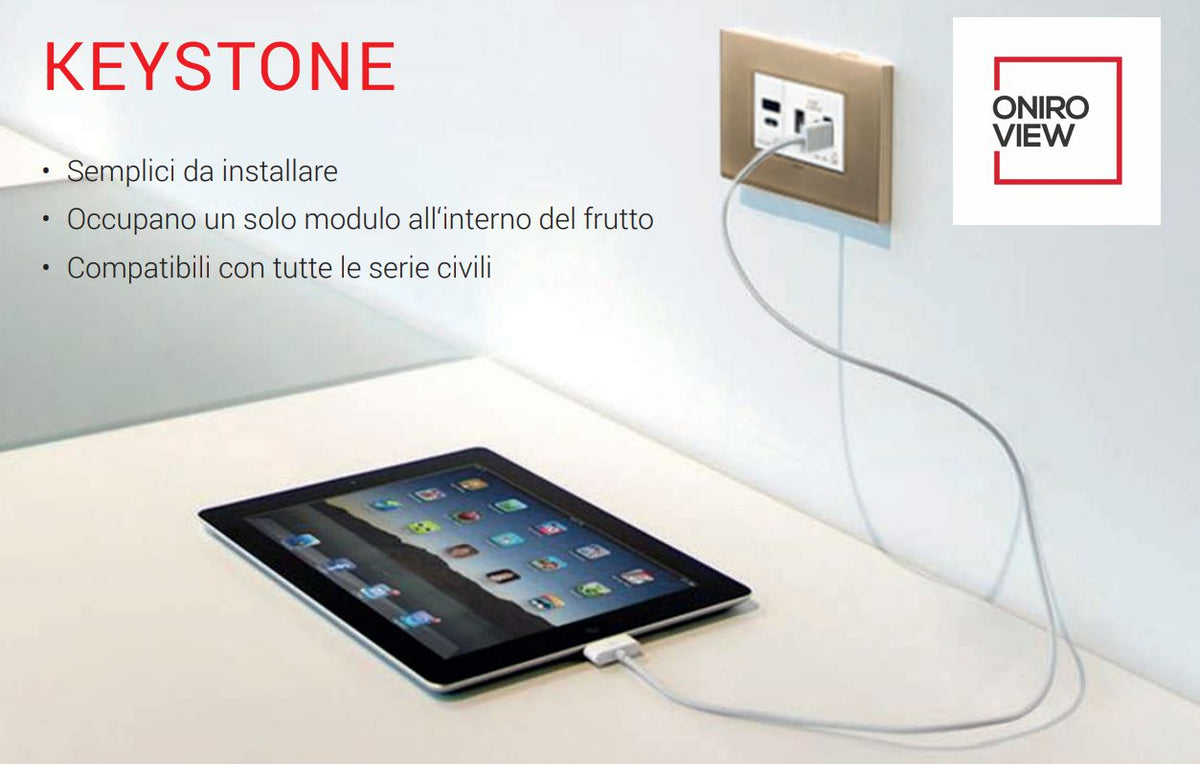 Presa USB da Muro 5V 3A 15W Modulo Aggancio Keystone per Serie Civili per Ricarica, Nero