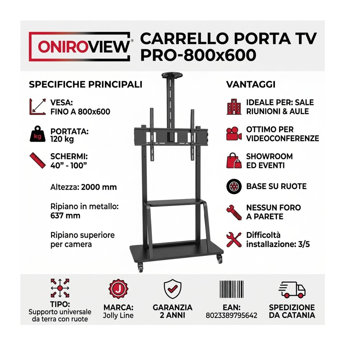 Carrello Porta TV con Ruote 40-100 Pollici VESA 800x600 120 Kg con Ripiani