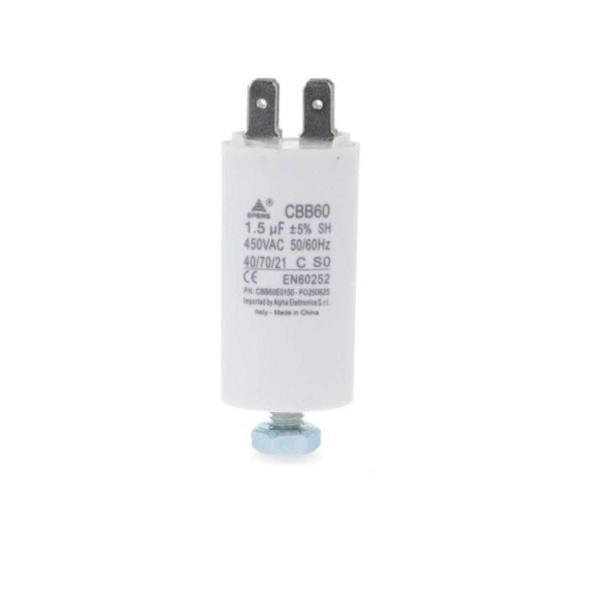 Condensatore CBB60 bianco 1,5 µF 450V con terminali faston 6,3 mm e vite M8 — Alpha Elettronica