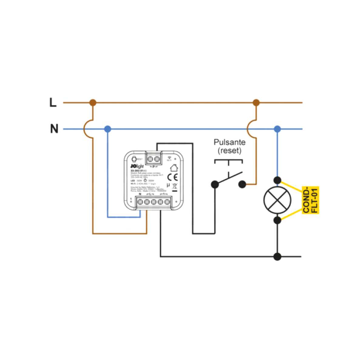 Schema elettrico del condensatore anti sfarfallio LED collegato tra uscita dimmer e Neutro per eliminare corrente residua e lampeggio
