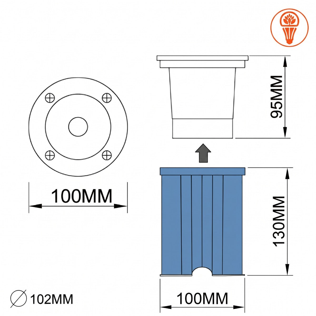 Disegno tecnico quotato del faretto interrato GU10: foro Ø102 mm, corpo Ø100 mm, altezza 130 mm