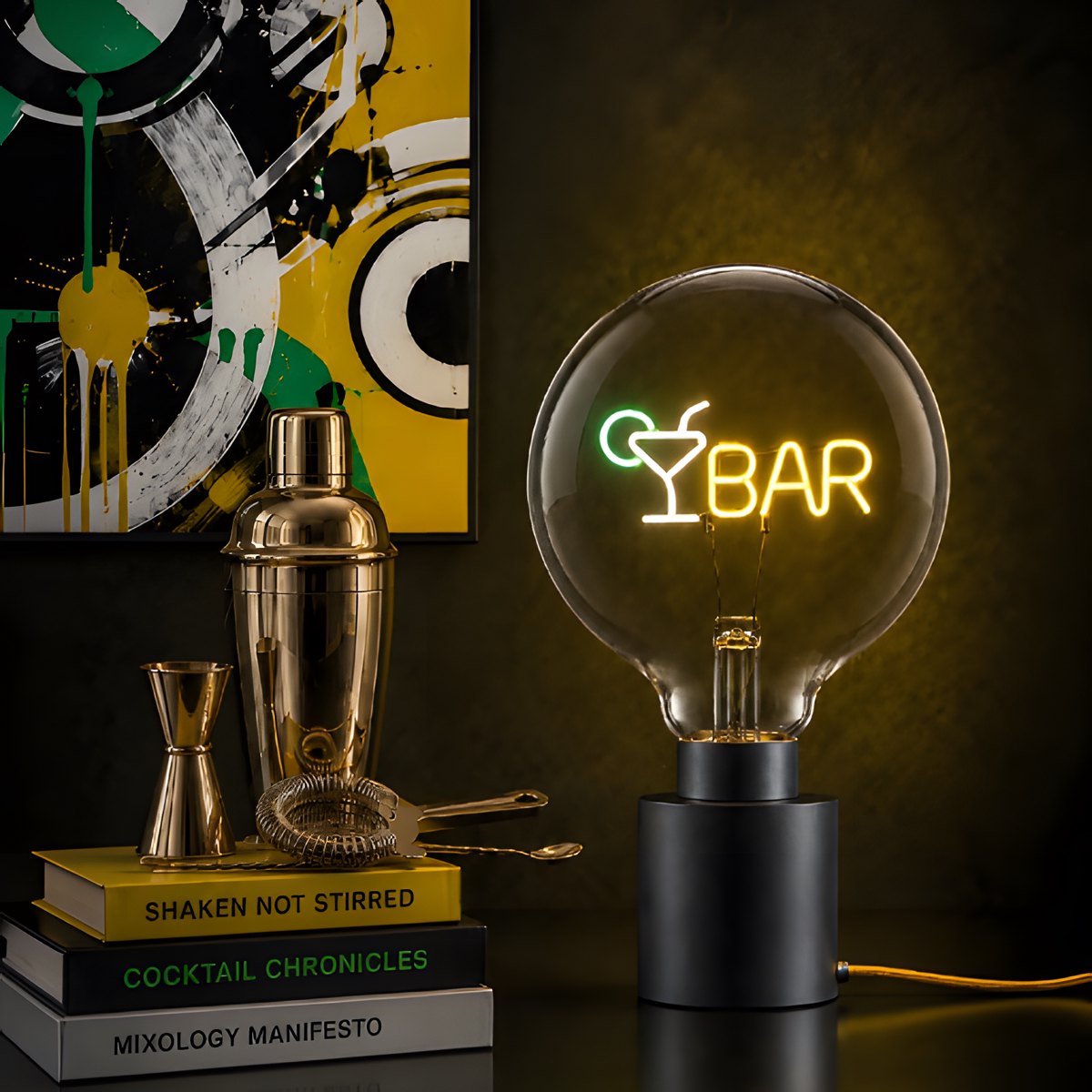 Lampadina decorativa LED G125 E27 POPON BAR in ambiente su portalampada da tavolo