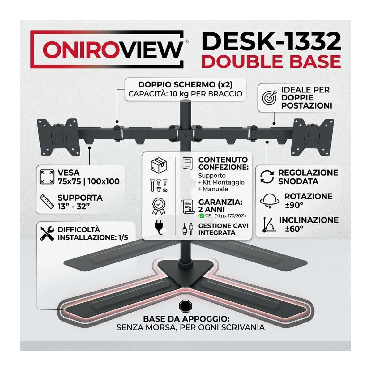 infografica Supporto Doppio Monitor da Tavolo con Base 13-32 Pollici VESA 100x100 10 Kg x2