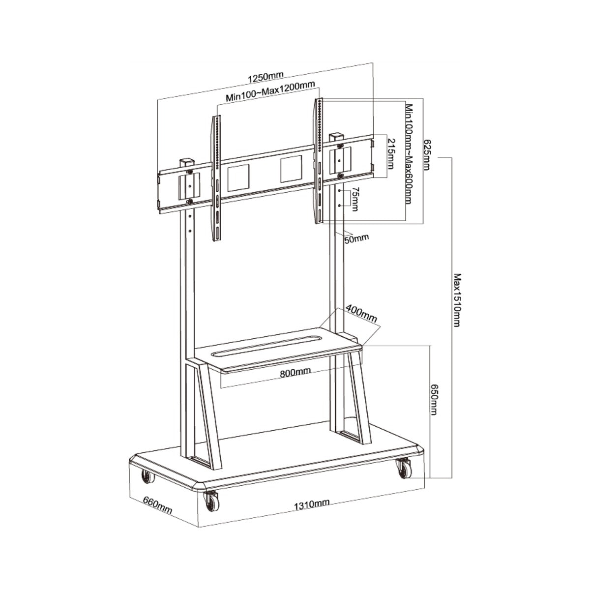 Supporto TV da Terra con Ruote 40-120 Pollici VESA 1200x600 150 Kg con Ripiano