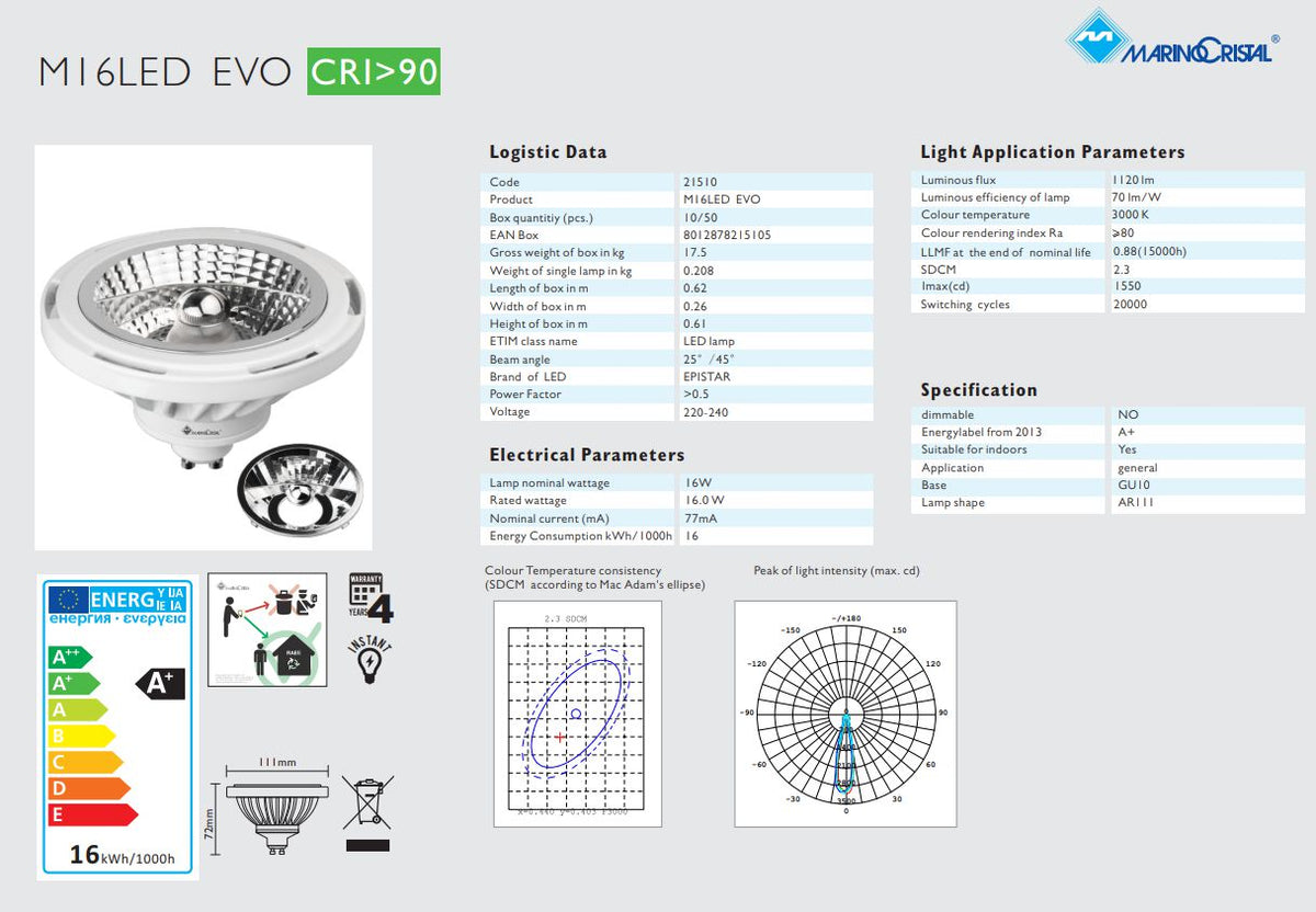 AR111 Led GU10 16W Luce Calda 3000K 1120 Lumen Fascio Regolabile