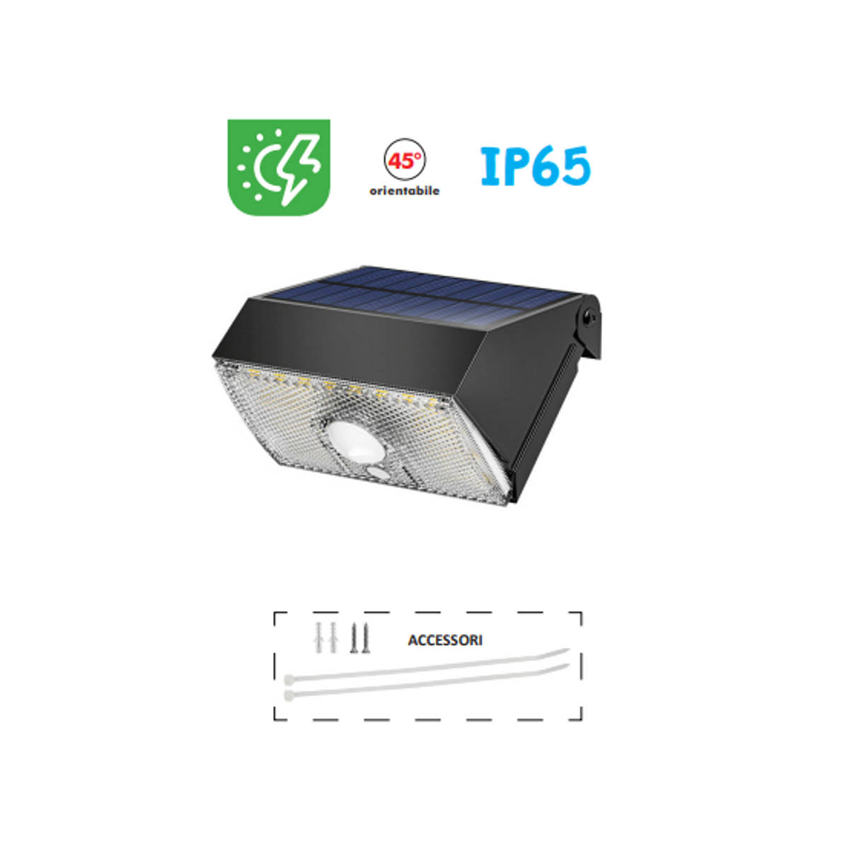 Faretto Led Solare da Parete IP65 con Sensore Pir Crepuscolare 1000 Lumen 4000K