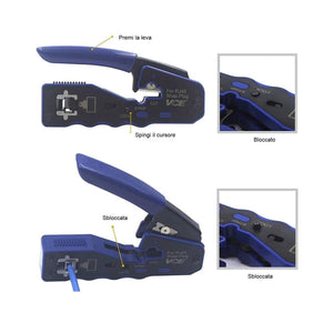 Pinza crimpatrice professionale in acciaio per RJ45 con tecnologia passante idonea per plug CAT.5e, CAT.6 e CAT.7, blister