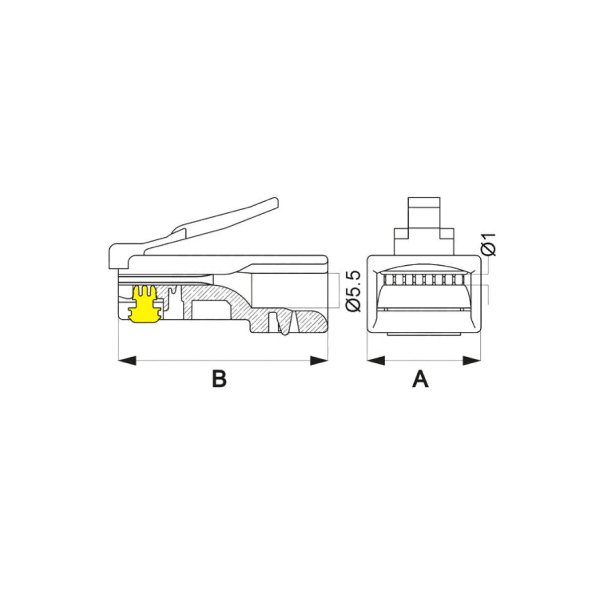 Plug RJ45 Passante CAT.5e Cavi Rigidi e Trefoli UTP AWG24-26 - Kit Sacchetto